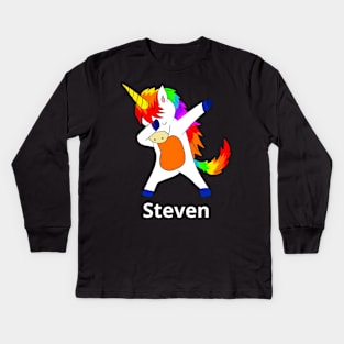 Steven First Name Personalized Dabbing Unicorn Kids Long Sleeve T-Shirt